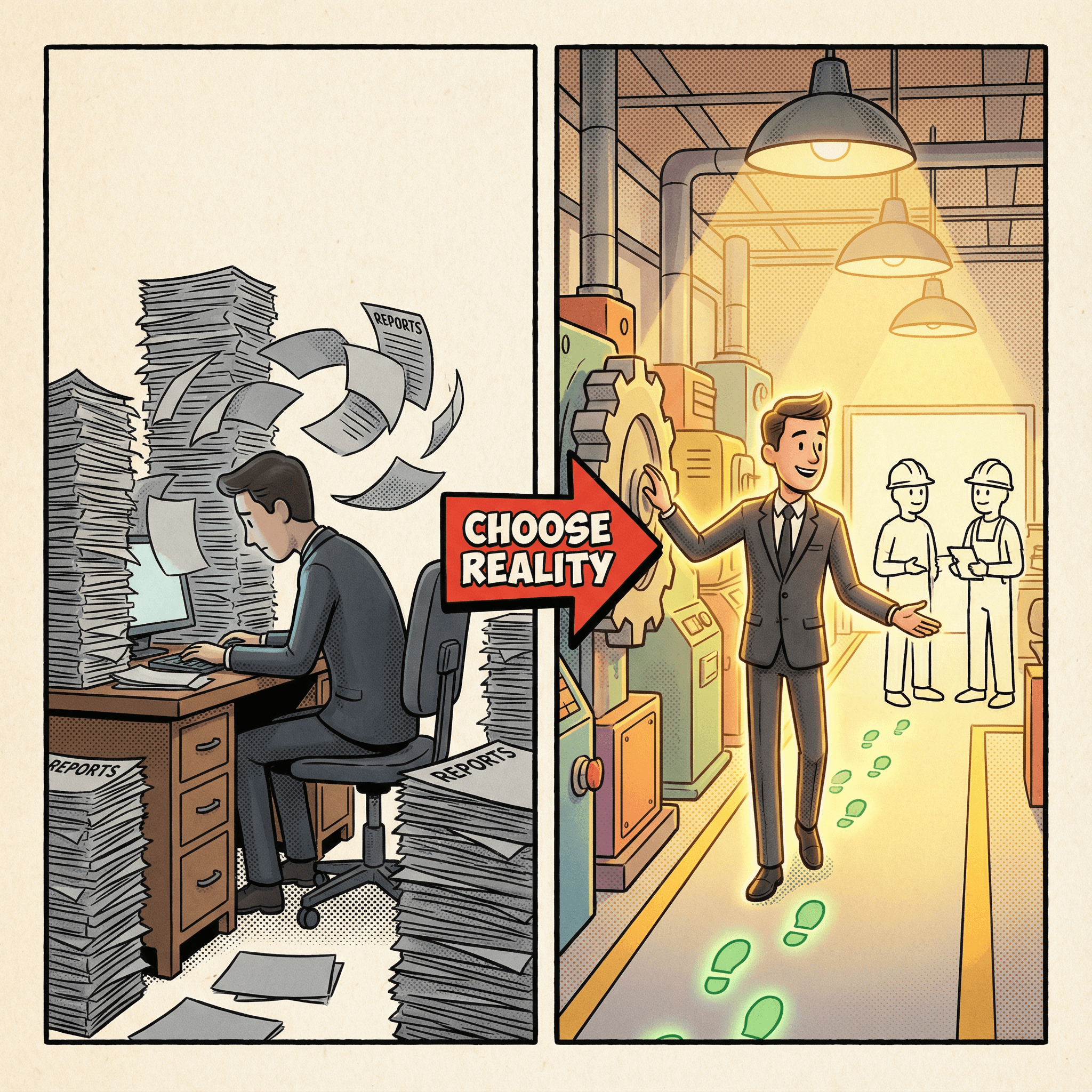 Illustration of a leader engaging with the team on the ground level during a Daily Field Tour